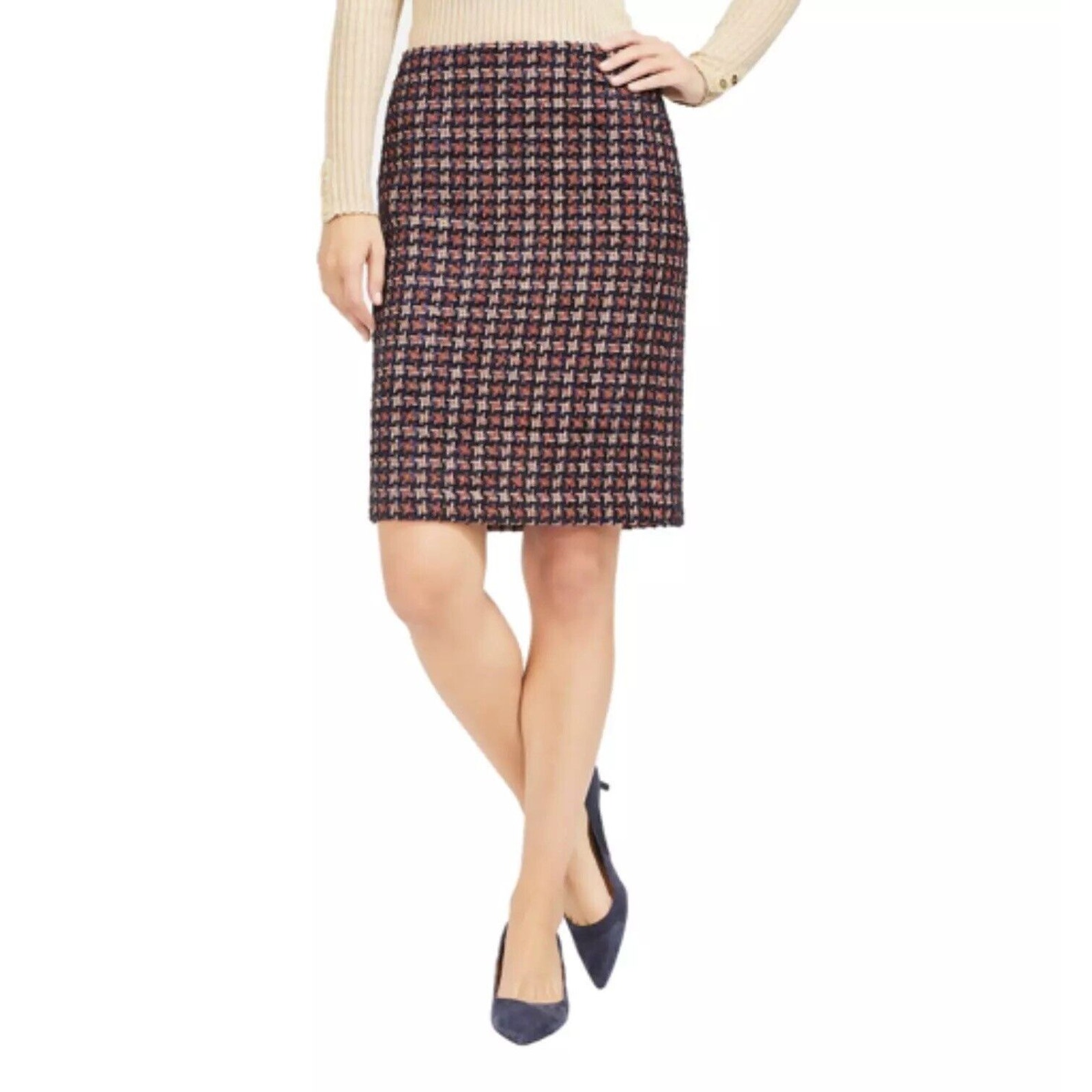 J Mclaughlin Elm Navy Red Metallic Houndstooth Tweed Pencil Skirt Size 6 Nwt